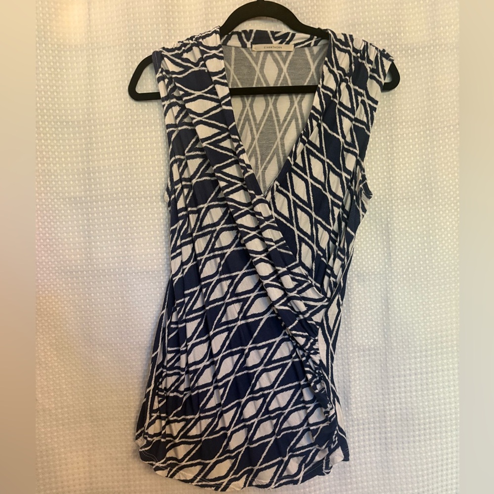 41 Hawthorn White and Blue Asymmetrical Wrap Blouse